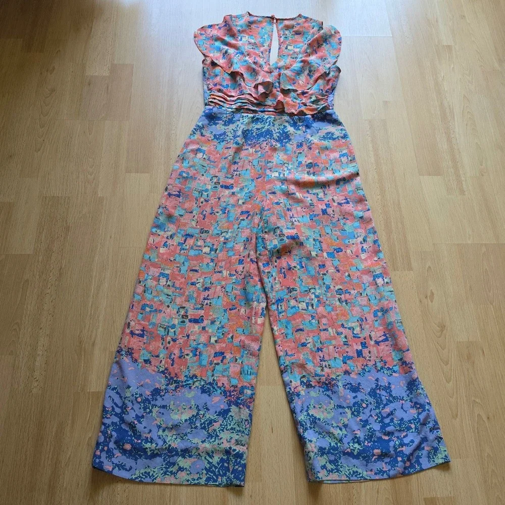 Anthropology By‎ Tracy Reese 100% Silk Abstract Print Wide Leg Jumpsuit Sz 6